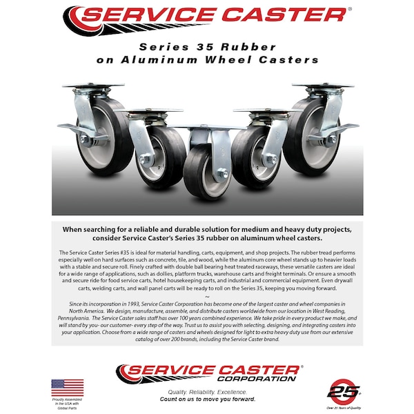 8 Inch Rubber on Aluminum Caster Set with Roller Bearing 2 Swivel Lock 2 Rigid